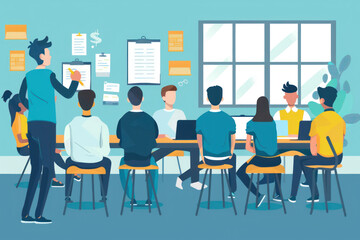 Colleagues sitting in a room and discussing something.