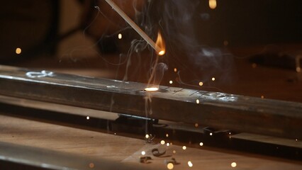 Metalworker using welding machine on iron surface, smoke, sparks and flashing lights around, man...