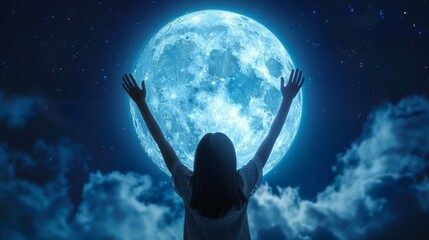 A woman with arms raised in the air, looking up at a full moon, AI