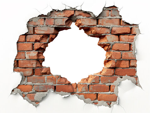 broken red brick wall with hole on transparent background. white background. cut out.