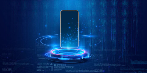 Advanced Technology Concept with Smartphone and Glowing Data Stream. Smartphone integrated with advanced technology, emitting a radiant data stream on a futuristic blue digital background. Vector - obrazy, fototapety, plakaty