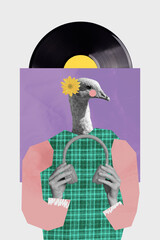 Composite trend artwork sketch image photo collage of incognito person wear wild animal bird peacock headphones listen music vinyl record