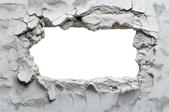 hole breaking through old grey cracked concrete wall. white background. cut out. - Powered by Adobe