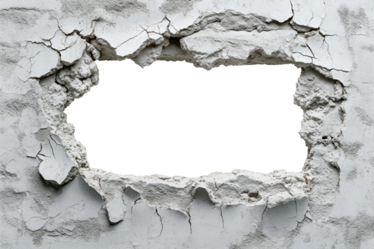 hole breaking through old grey cracked concrete wall. white background. cut out.