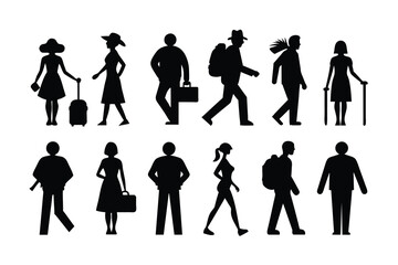 Set of Man and Woman Walk, Vector Icon people travel black Silhouette Design with white Background and Vector Illustration