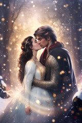 Beautiful winter fantasy couple, aristocrat couple, love fantasy, snowy tale, castle and forest