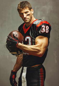 Focused American football player holding helmet, showcasing athletic strength and determination