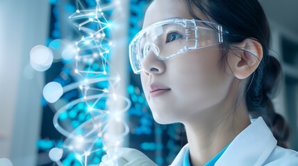 A woman wearing a lab coat and goggles is looking at a computer screen with a DNA strand. Concept of scientific curiosity and exploration, as the woman is focused on the intricate structure of the DNA