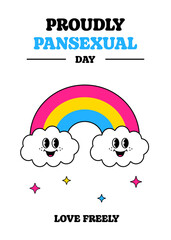 Pansexual Awareness and Visibility Day 24th May, pansexual flag rainbow, happy retro cartoon groovy character. Y2K, vintage aesthetics. Cute mascot design for web, social media, and Instagram stories.