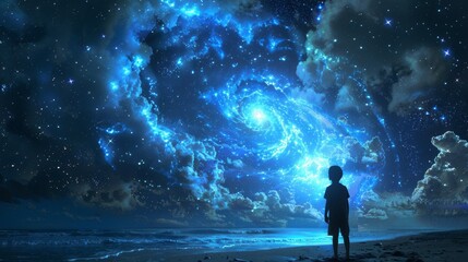 Fototapeta premium A person standing on a beach looking at the sky, AI