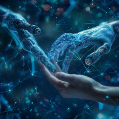 Two hands are touching each other in a blue and white image