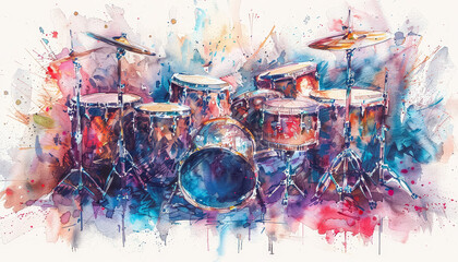 A colorful painting of a drum set with a blue background