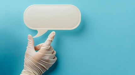 Fototapeta premium A hand wearing a medical glove, holding a speech bubble against a healthcare themed blue background, for medical advice or health awareness