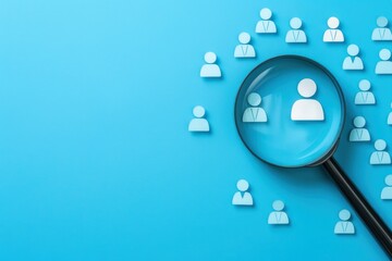 a visual concept of recruitment with a magnifying glass searching for people against a blue background, symbolizing the process of talent acquisition and workforce exploration