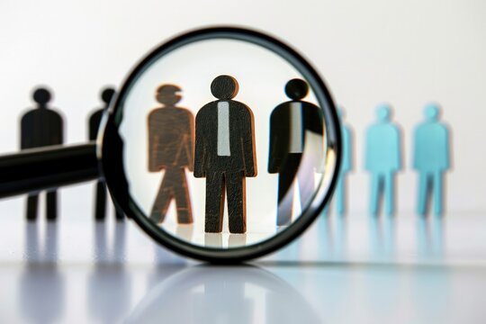a visual concept of recruitment with a magnifying glass scanning for people against a clean white background, symbolizing the meticulous search for talent and potential candidates