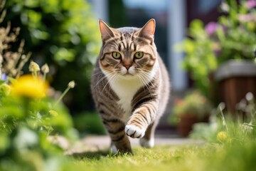 Fototapeta premium Medium shot portrait photography of a tired american shorthair cat sprinting over garden backdrop