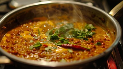 A pot of simmering dal tadka, a flavorful Indian lentil curry
