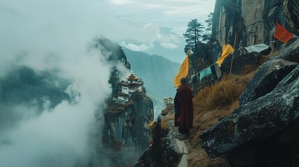 a Buddhist monastery on top of a steep cliff. It is surrounded by clouds and looks very peaceful and serene.