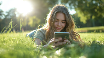 A woman is laying on the grass and looking at her cell phone