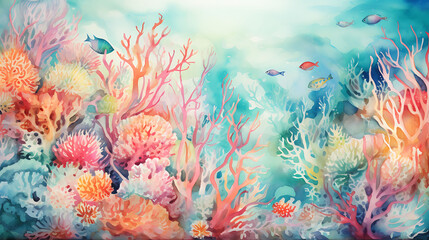 A mesmerizing blend of teal and coral watercolor splashes, echoing the beauty of a coral reef