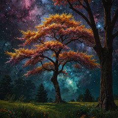 Enchanting Night Sky with Vibrant Autumn Tree