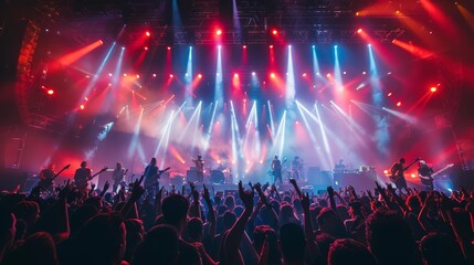 An energetic concert scene with vibrant lights and cheering crowds, capturing the excitement of live music events in the style of various artists