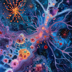 A colorful image of a brain with many different colored spheres