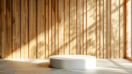 Natural wood grain panels combined with a white cylindrical podium.