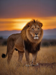 Sunrise Sentinel, Lion's Powerful Stance, Golden Fur Glowing in Dawn's Light, Eyes Fixed on the Horizon