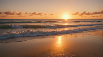 Obraz premium a serene beach scene at sunset with golden light reflecting off the wet sand and gentle waves, under a sky dotted with soft clouds
