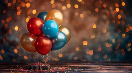 Cinematic photo of balloons and confetti on an old wooden table with bokeh lights in the background The scene is set for celebration or partying