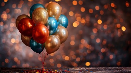 Cinematic photo of balloons and confetti on an old wooden table with bokeh lights in the background The scene is set for celebration or partying