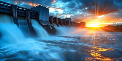 Sunset backdrop at hydroelectric plant highlighting clean renewable water energy production. Concept Sunset Photoshoot, Hydroelectric Plant, Clean Energy, Renewable, Water Production