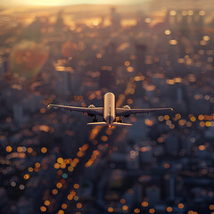 Airplane flying over city during sunset