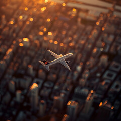 Airplane flying over city during golden hour