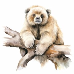 The watercolor painting of a bear sitting on a branch. The bear is looking at the viewer with a curious expression. The bear is brown and white with a light brown background.