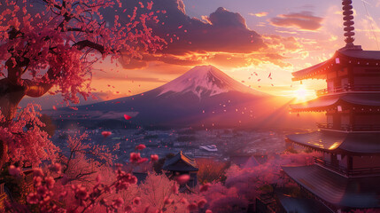 Majestic Mt. Fuji bathed in warm sunset. Chureito pagoda framed by vibrant sakura blossoms. Japan.
