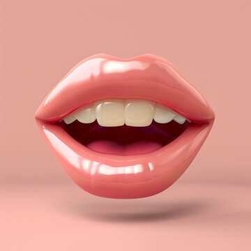floating mouth pink gloss lips and teeth isolated on plain pink skin tone background,