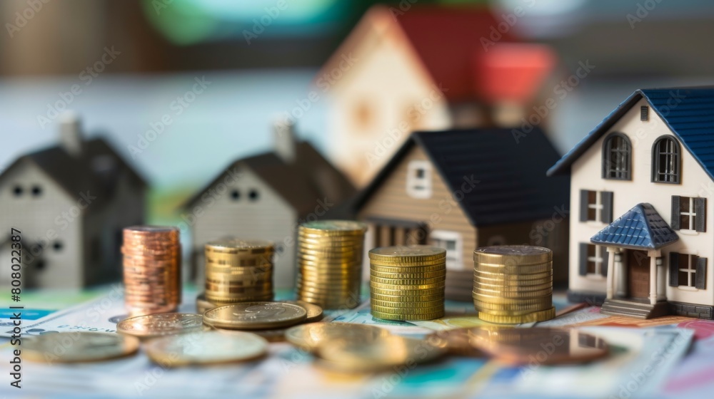 Poster stacked coins ascending in front of various house models on a bright background, symbolizing propert