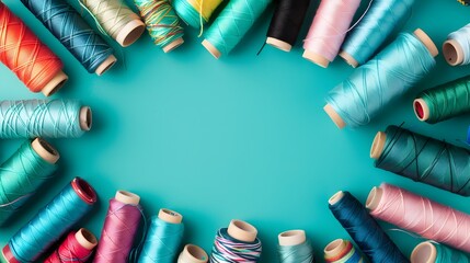 Multicolored Sewing Threads Arranged on Teal Background in Flat Lay Style