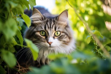 Obraz premium Medium shot portrait photography of a funny siberian cat wall climbing on garden backdrop