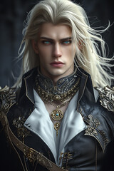 Beautiful fantasy man blond and vampire, in costume, beautiful male face