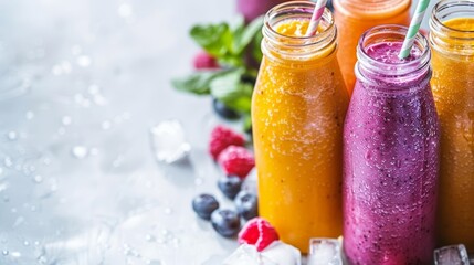 Colorful smoothies in glass bottles with straws and ice cubes on a white background