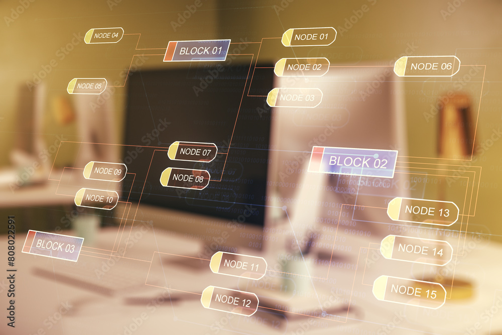 Poster multi exposure of abstract software development hologram on laptop background, research and analytic