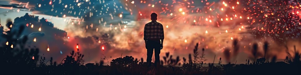 Silhouette of a Man staring in night sky watching Fourth of July Celebration.