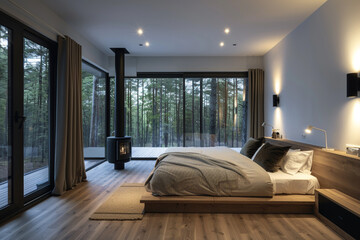 A Scandinavian-inspired bedroom in a forest house, with clean lines and a monochrome palette softened by the evening light