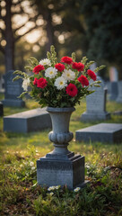 Symbolic Remembrance, Bouquet of Flowers Placed on Cemetery Grounds, Evoking Funeral Sentiments