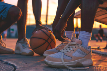 Basketball player tying shoe laces on court during sunset, urban sports scene