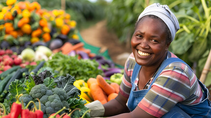 An African American woman in an agricultural setting with fresh vegetables