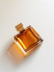 An overhead photo of an amber glass perfume bottle with a square gold cap on a white background